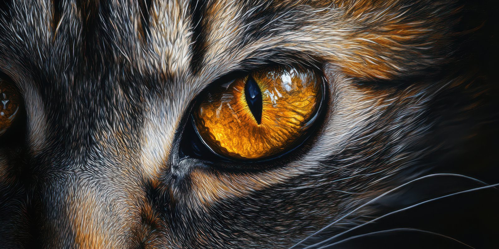 Captivating close-up of a cat's eye showcasing vivid orange hues and intricate details within a dark setting